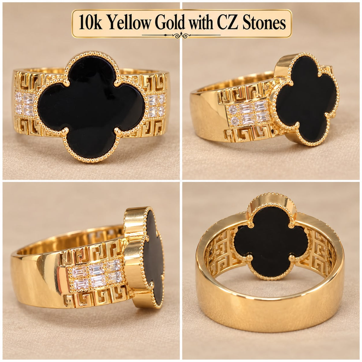 10K Yellow Gold Black Stone CZ Four-Leaf Design Ring Size 7 – 3.36g