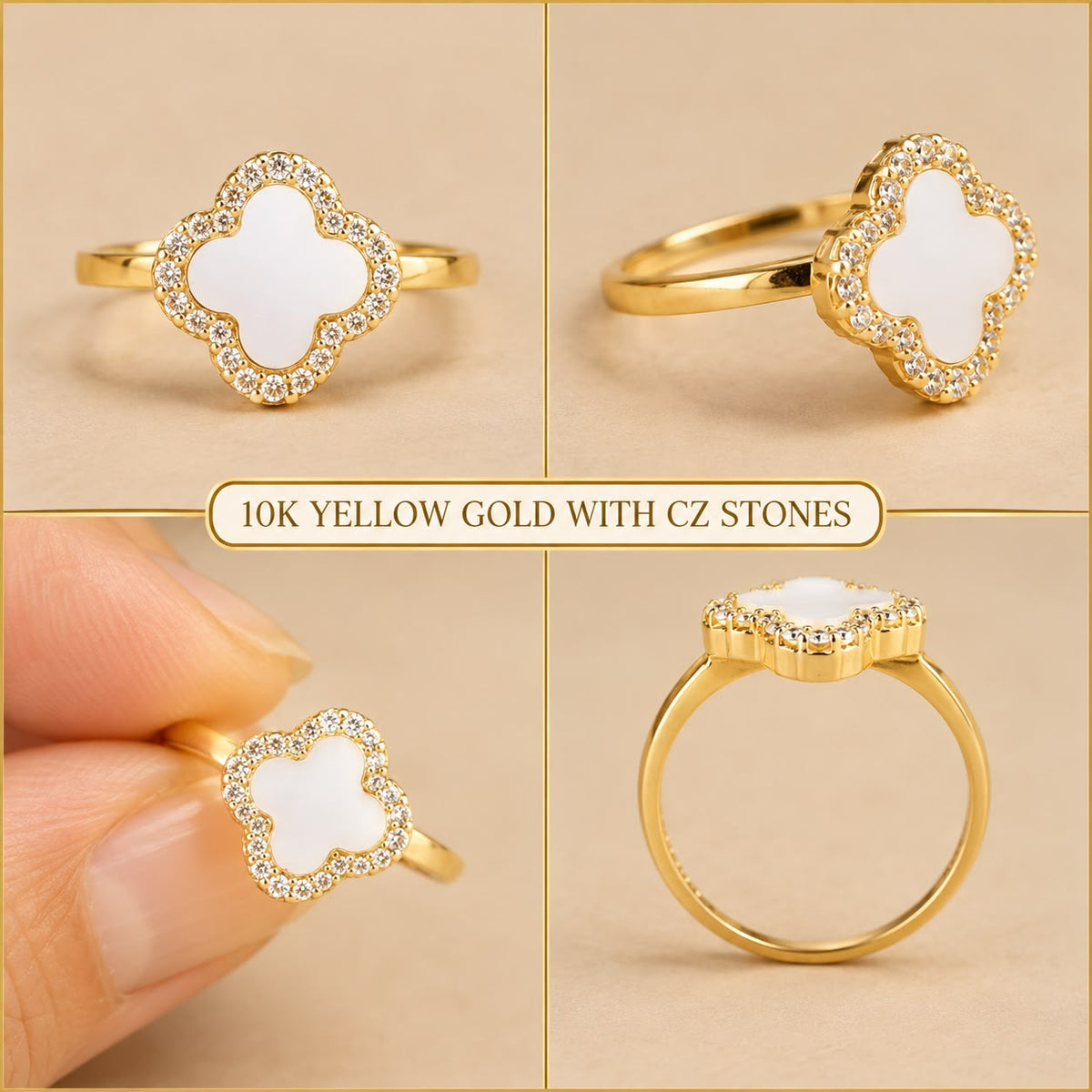 10K Yellow Gold White Stone CZ Four-Leaf Design Ring Size 7 – 1.14g