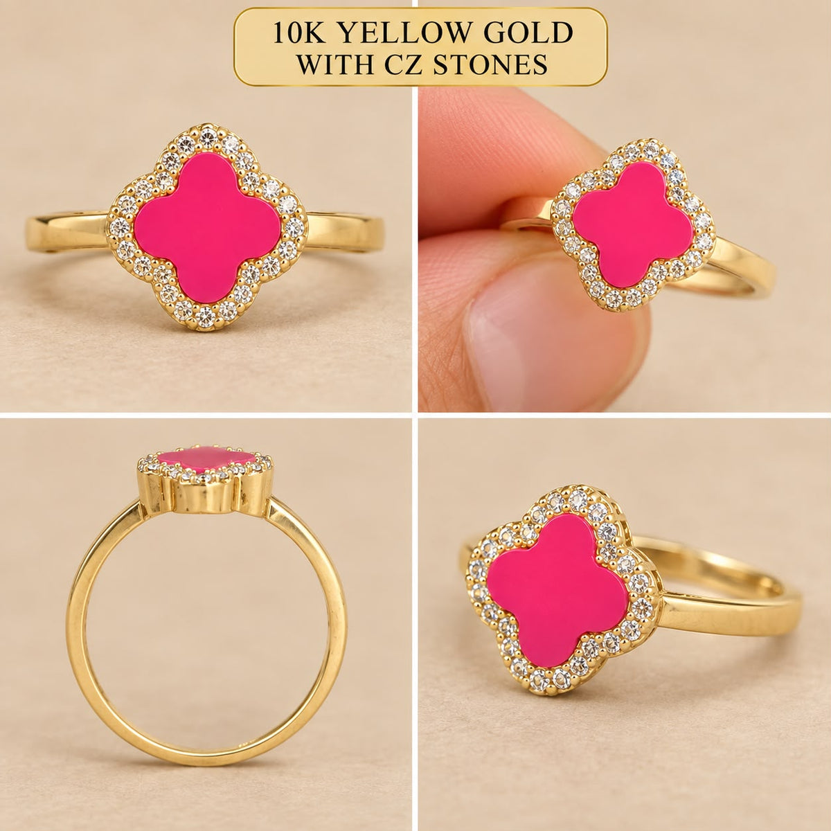 10K Yellow Gold Pink Stone CZ Four-Leaf Design Ring Size 7 – 1.05g
