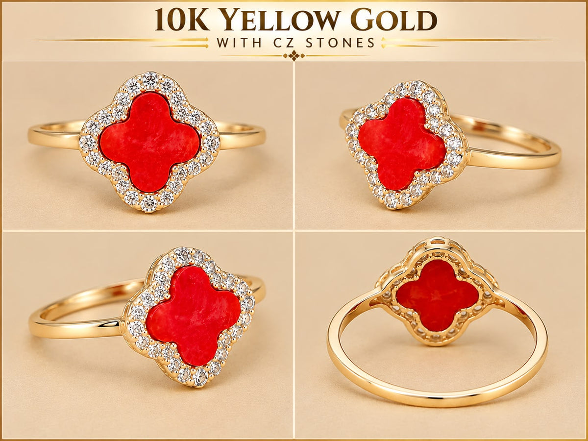 10K Yellow Gold Red Stone CZ Four-Leaf Design Ring Size 7 – 1.14g