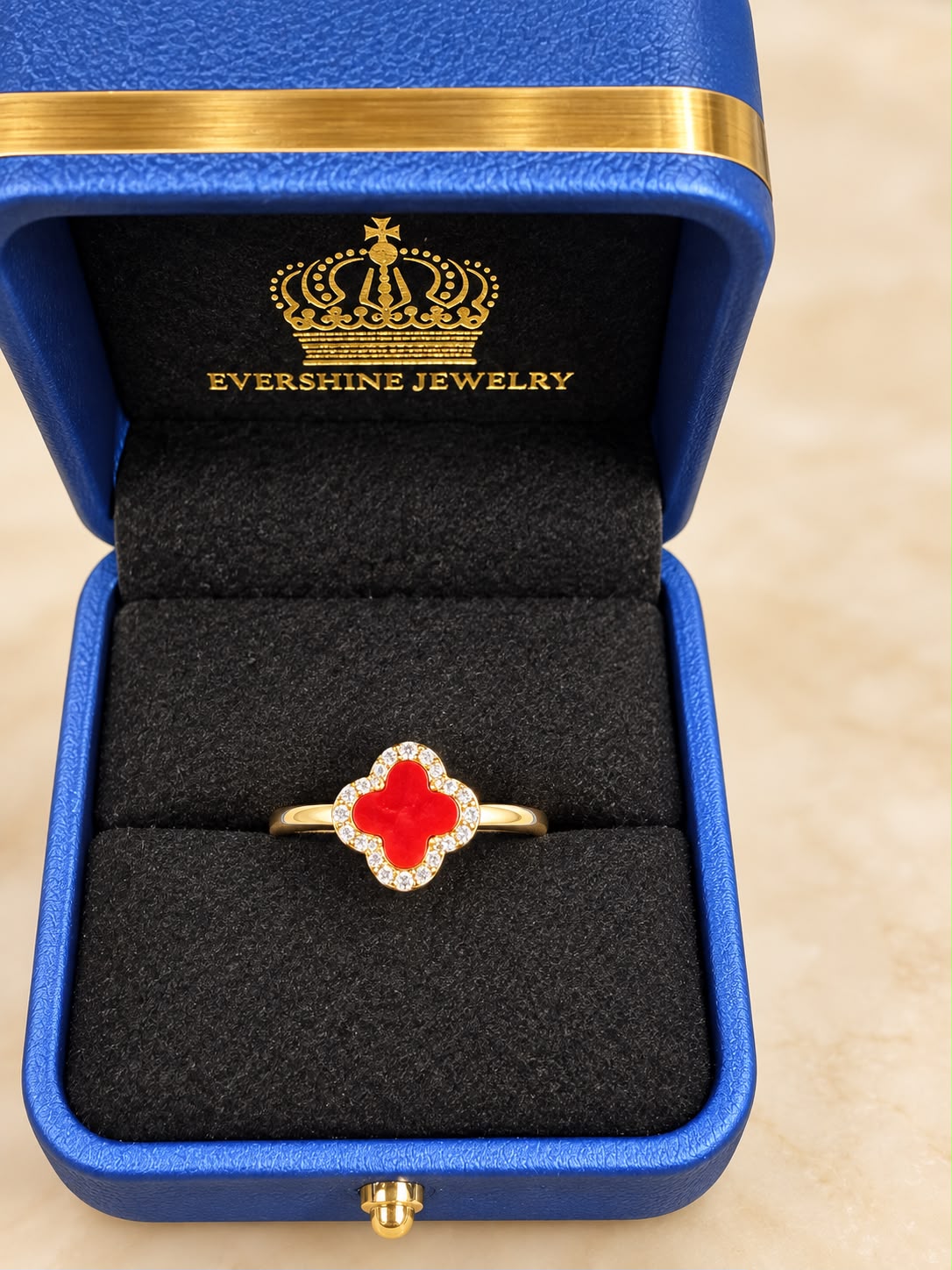 10K Yellow Gold Red Stone CZ Four-Leaf Design Ring Size 7 – 1.14g