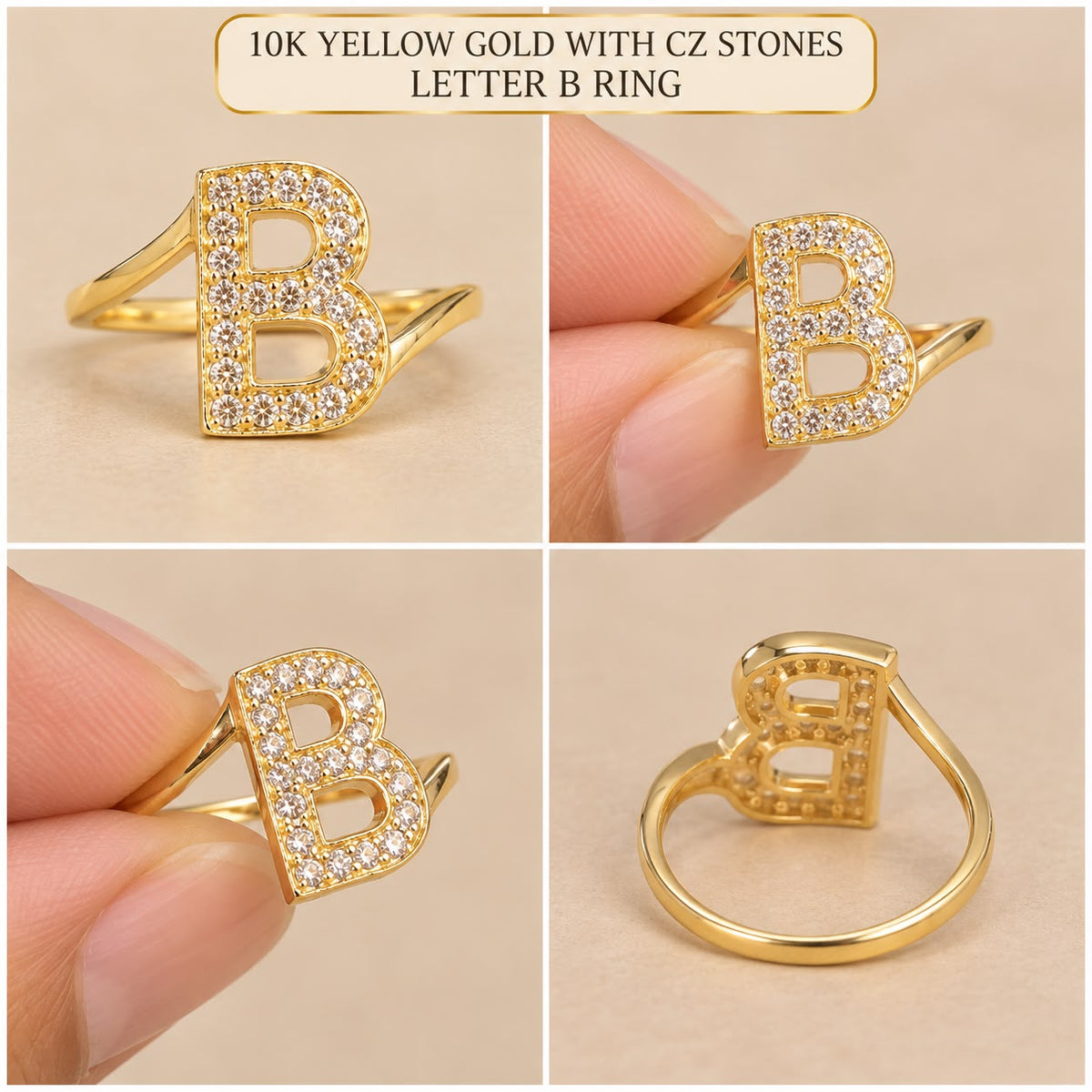 10K Yellow Gold CZ Stone Letter B Initial Ring Size 7 – 1.02g
