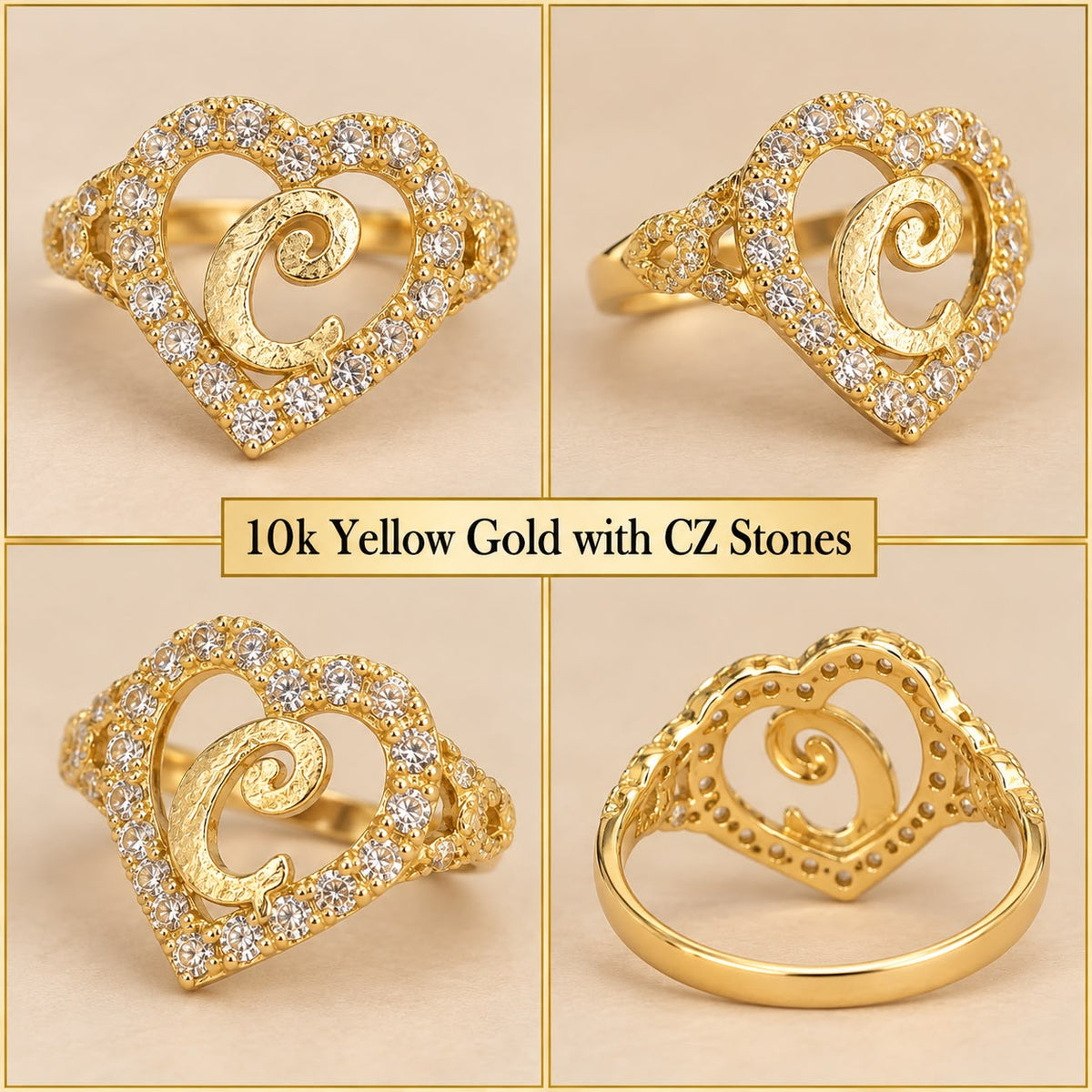 10K Yellow Gold CZ Stone Letter C Heart Initial Ring Size 7 – 2.13g