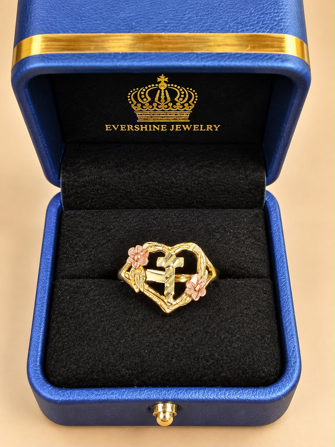 10K Yellow Gold Letter T Heart Ring Two Tone Floral Initial Ring