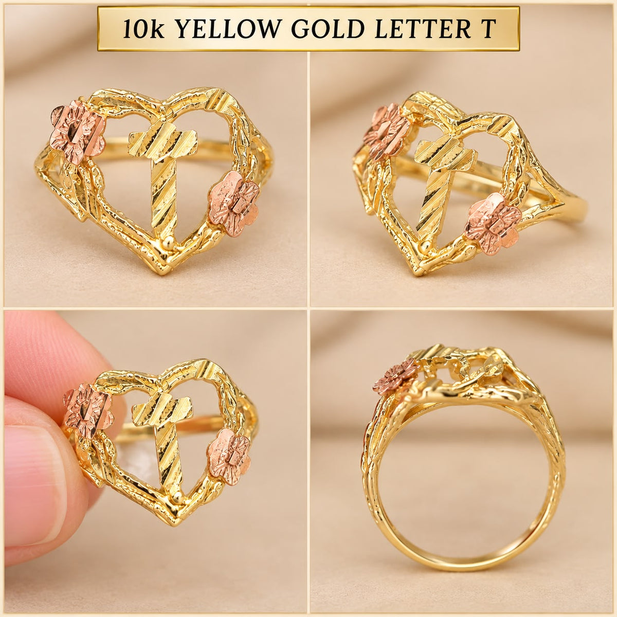 10K Yellow Gold Letter T Heart Ring Two Tone Floral Initial Ring