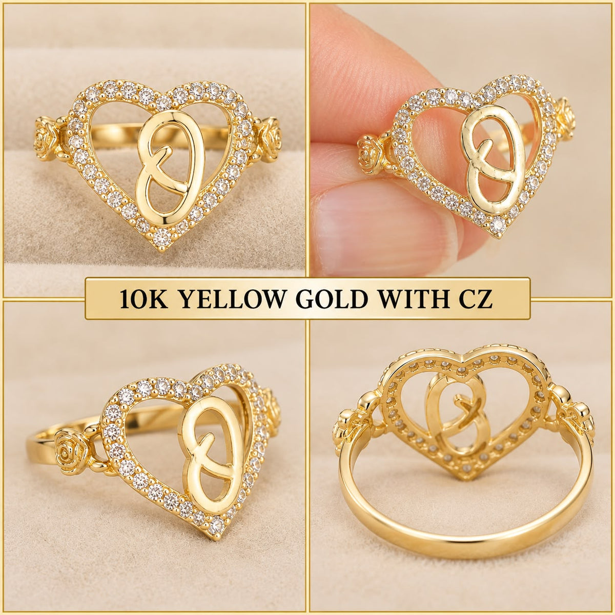 Beautiful 10K Yellow Gold Heart Initial Ring featuring sparkling CZ stones surrounding a heart-shaped design, with elegant rose accents on both sides.