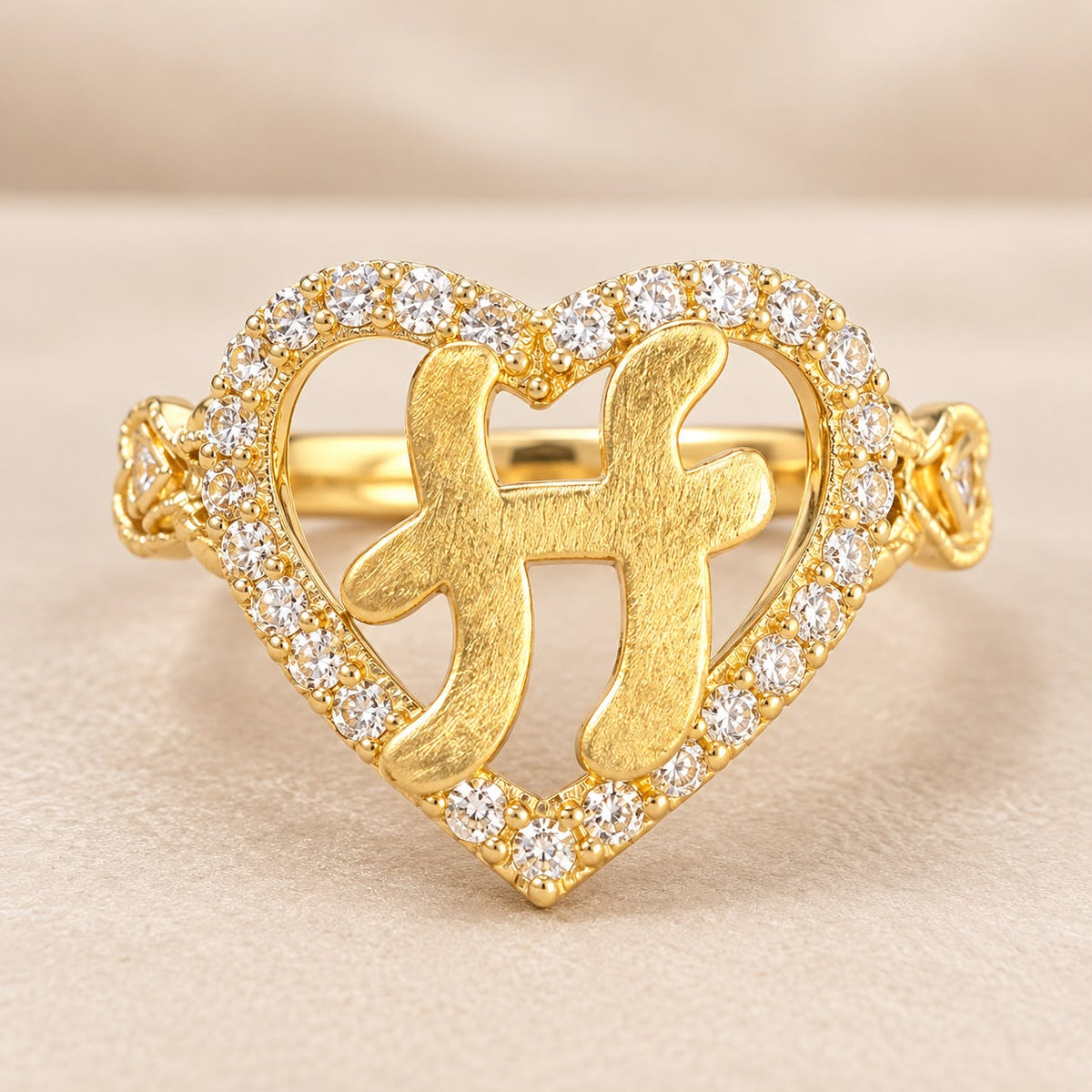 10K Yellow Gold Letter H Heart Ring with CZ Stones Rose Design Initial Ring