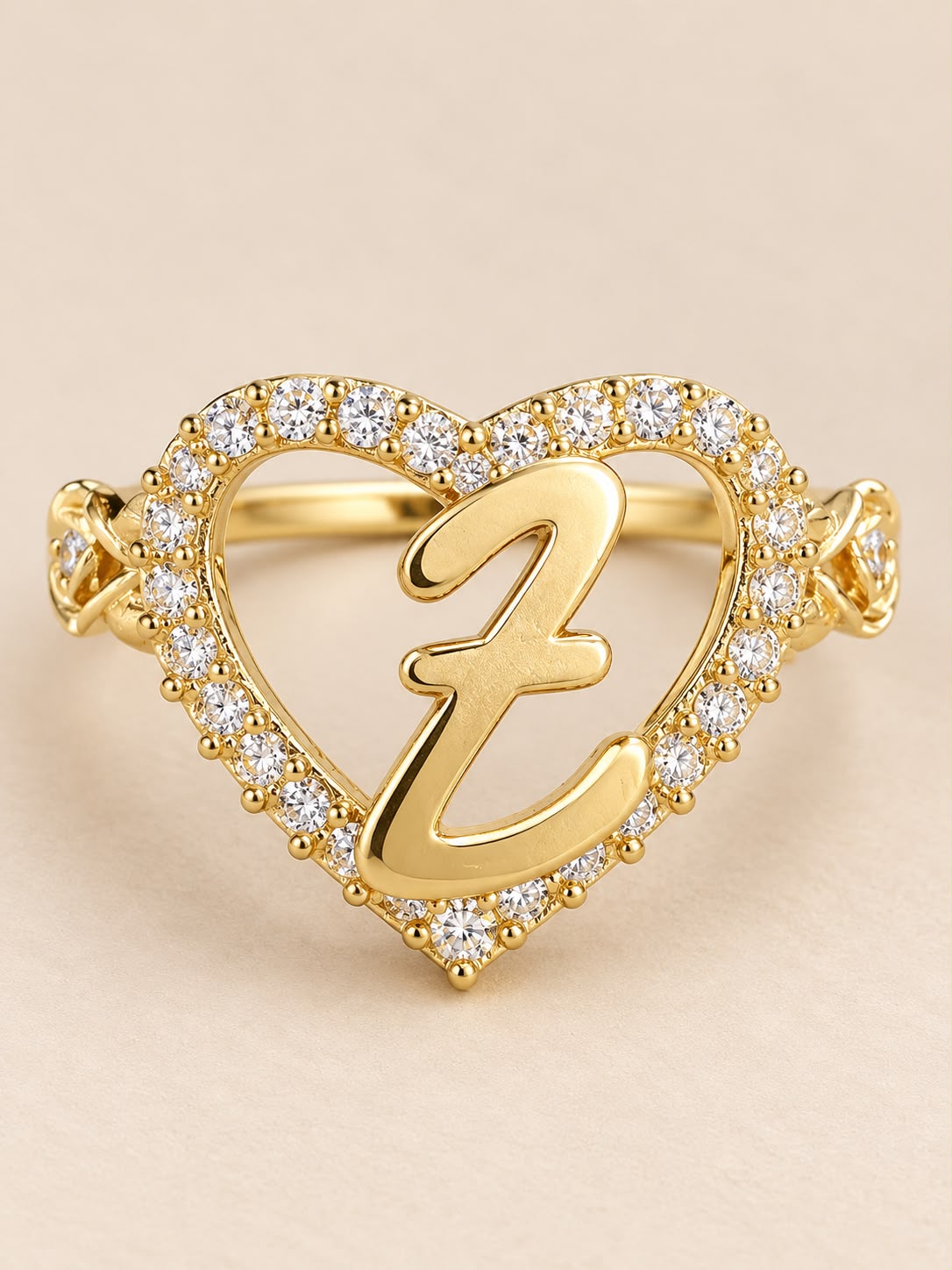 10K Yellow Gold Letter Z Heart Initial Ring with CZ Stones Rose Design