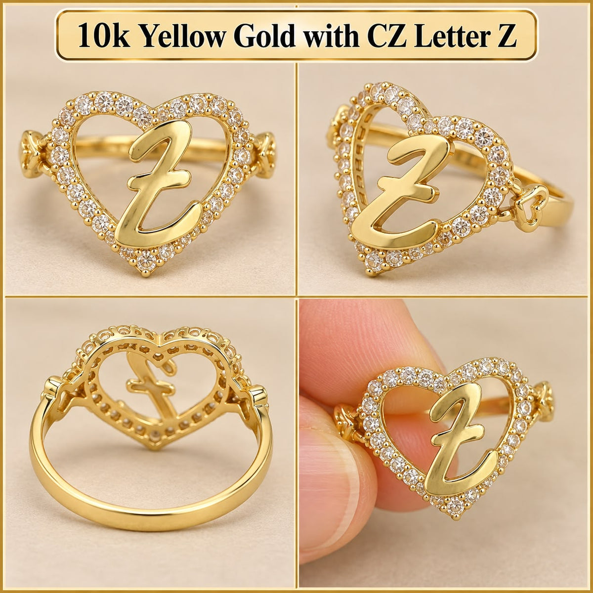 10K Yellow Gold Letter Z Heart Initial Ring with CZ Stones Rose Design