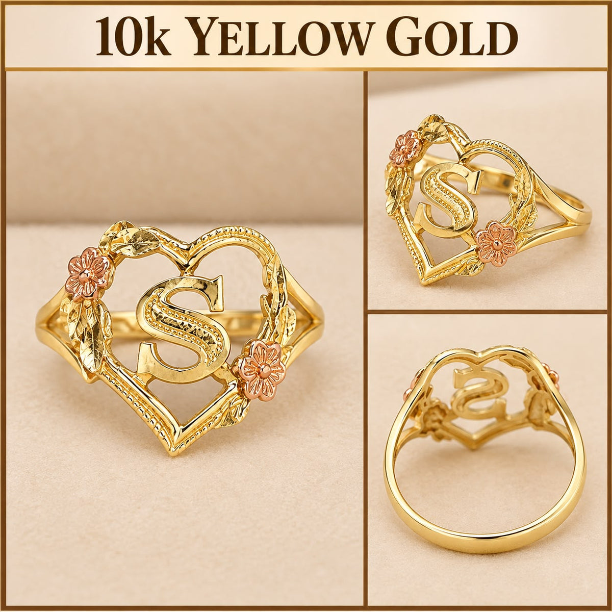 10K Yellow Gold Letter S Heart Initial Ring Two Tone Floral Flower Design