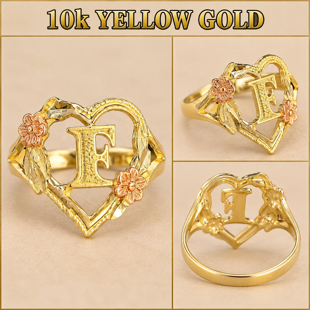 Beautiful 10K Yellow Gold Letter F Initial Ring featuring an elegant open-heart design with delicate rose gold-tone flowers and detailed leaf accents.