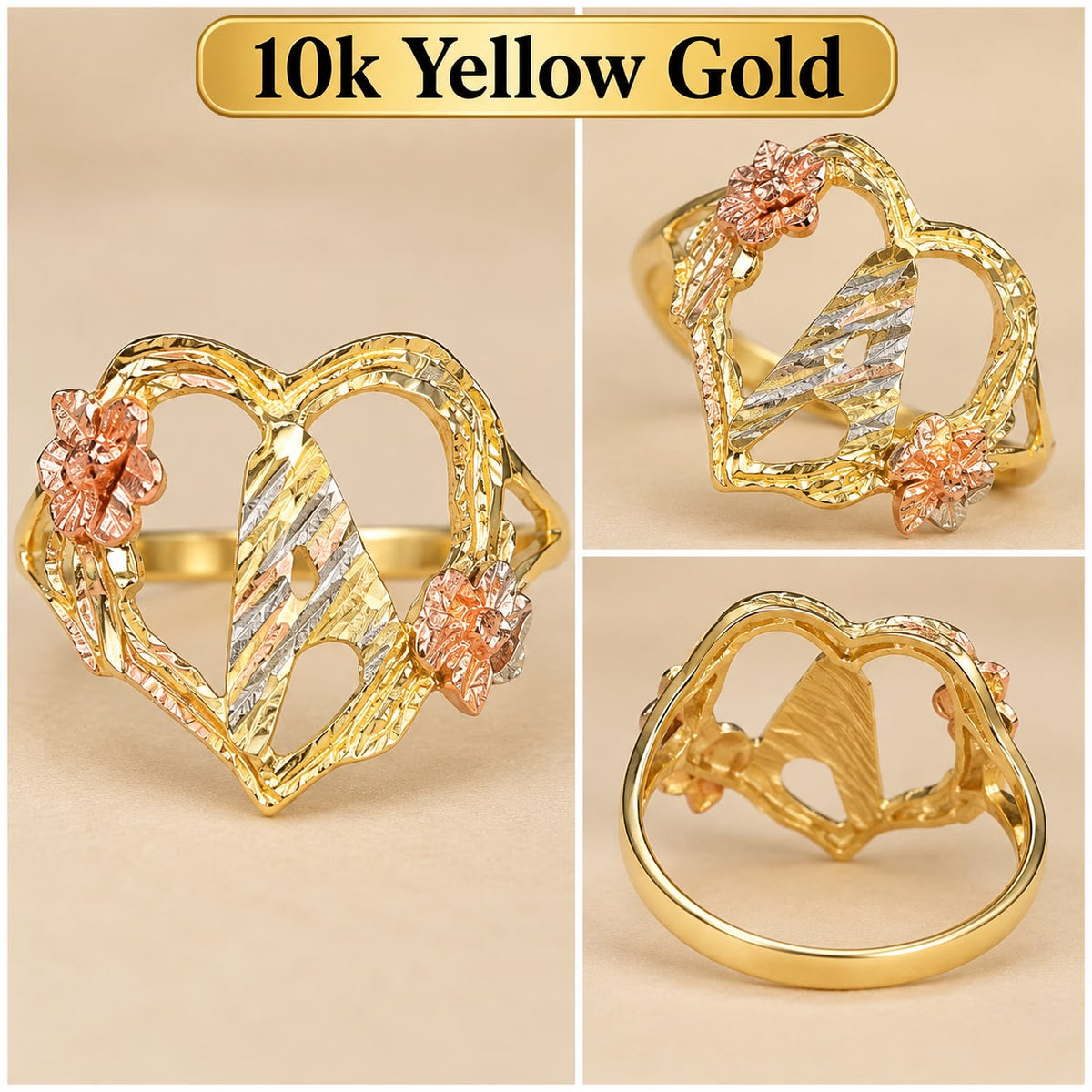 Beautiful 10K Yellow Gold Letter A Initial Ring featuring an elegant open-heart design with stunning tri-color gold accents and delicate floral details.