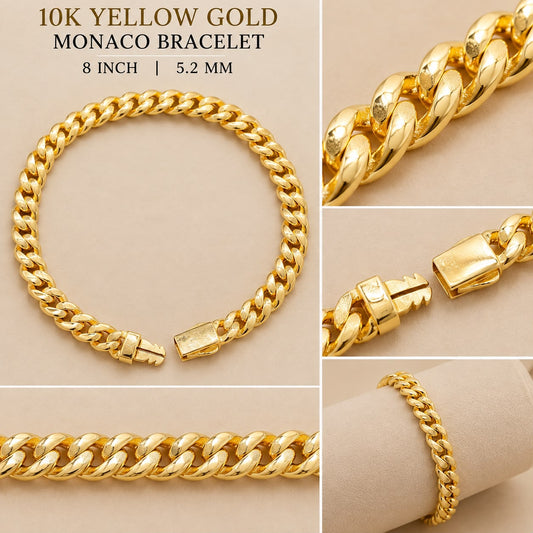 10K Yellow Gold Monaco Cuban Link Bracelet 8” 5.2mm 6.7 Grams