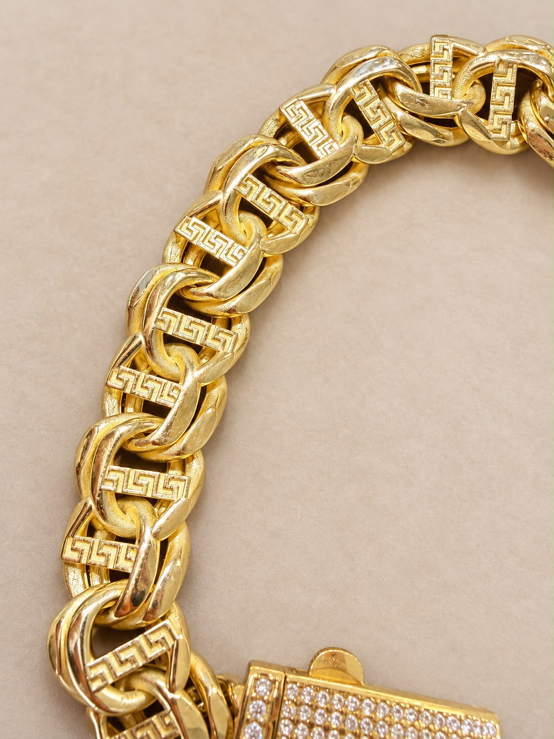 10K Yellow Gold Greek Key Link Bracelet CZ Stones 9.5” 12mm 25.9 Grams