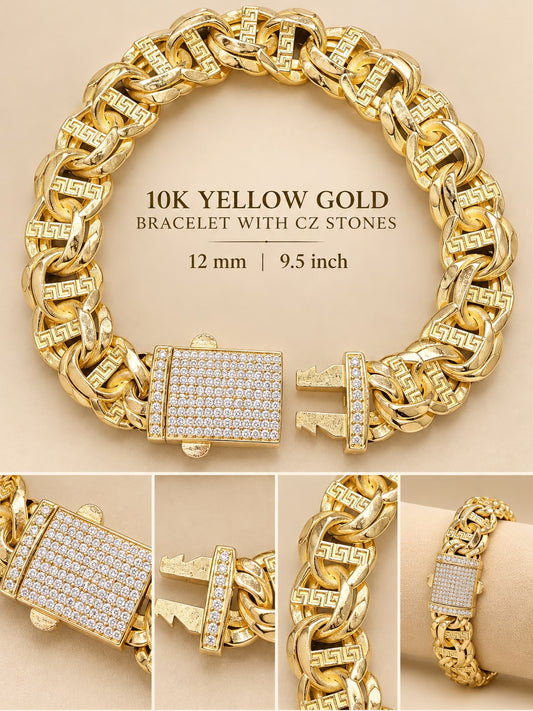 10K Yellow Gold Greek Key Link Bracelet CZ Stones 9.5” 12mm 25.9 Grams