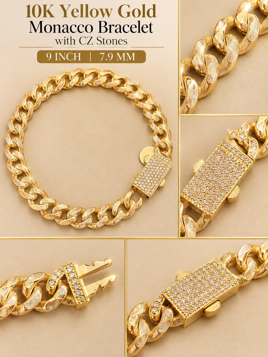 10K Yellow Gold Monaco Cuban Link Bracelet CZ Stones 9” 7.9mm 10.8 Grams