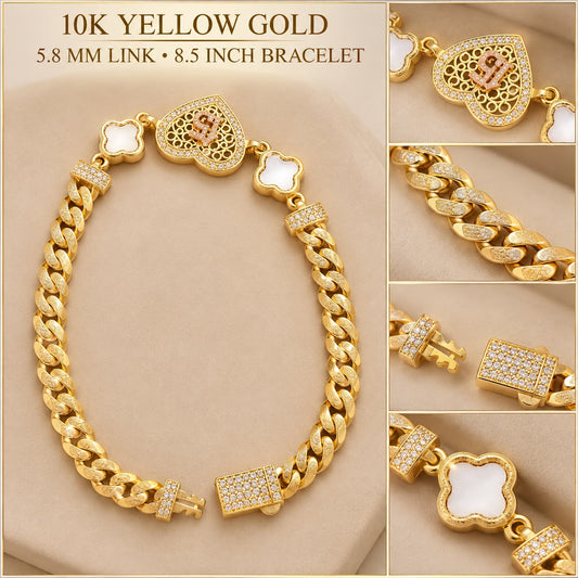 10K Yellow Gold Cuban Link Heart Clover Bracelet CZ Stones 8.5” 5.8mm 7 Grams