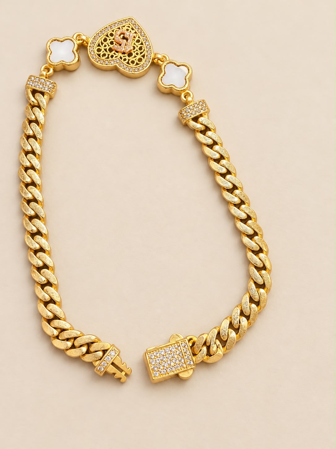 10K Yellow Gold Cuban Link Heart Clover Bracelet CZ Stones 8.5” 5.8mm 7 Grams