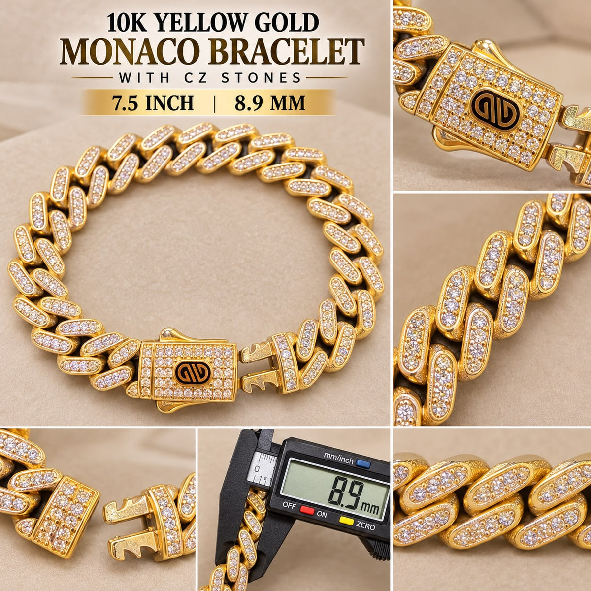 10K Yellow Gold Monaco Bracelet with CZ Stones 7.5” 8.9mm 14 Grams