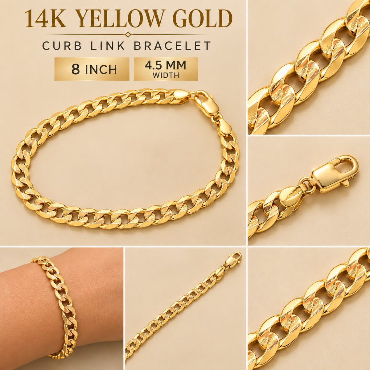 14K Yellow Gold Curb Link Bracelet 8 Inch 4.5mm 4.8 Grams