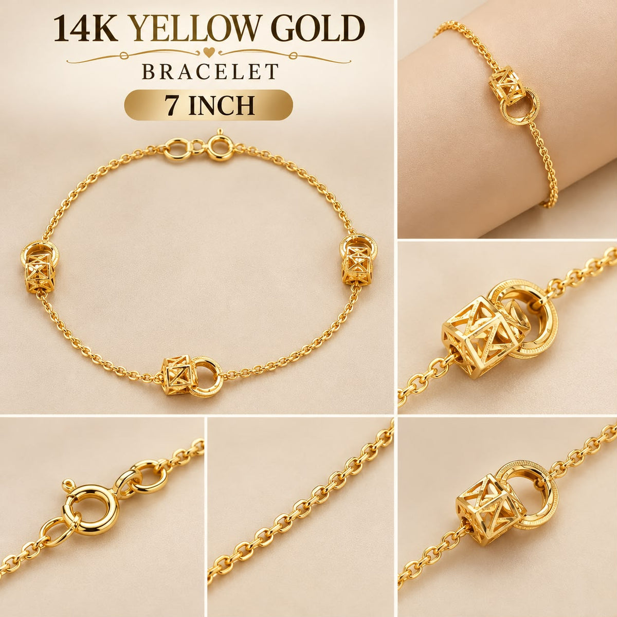 14K Yellow Gold Geometric Openwork Station Bracelet 7 Inch 1.5 Grams