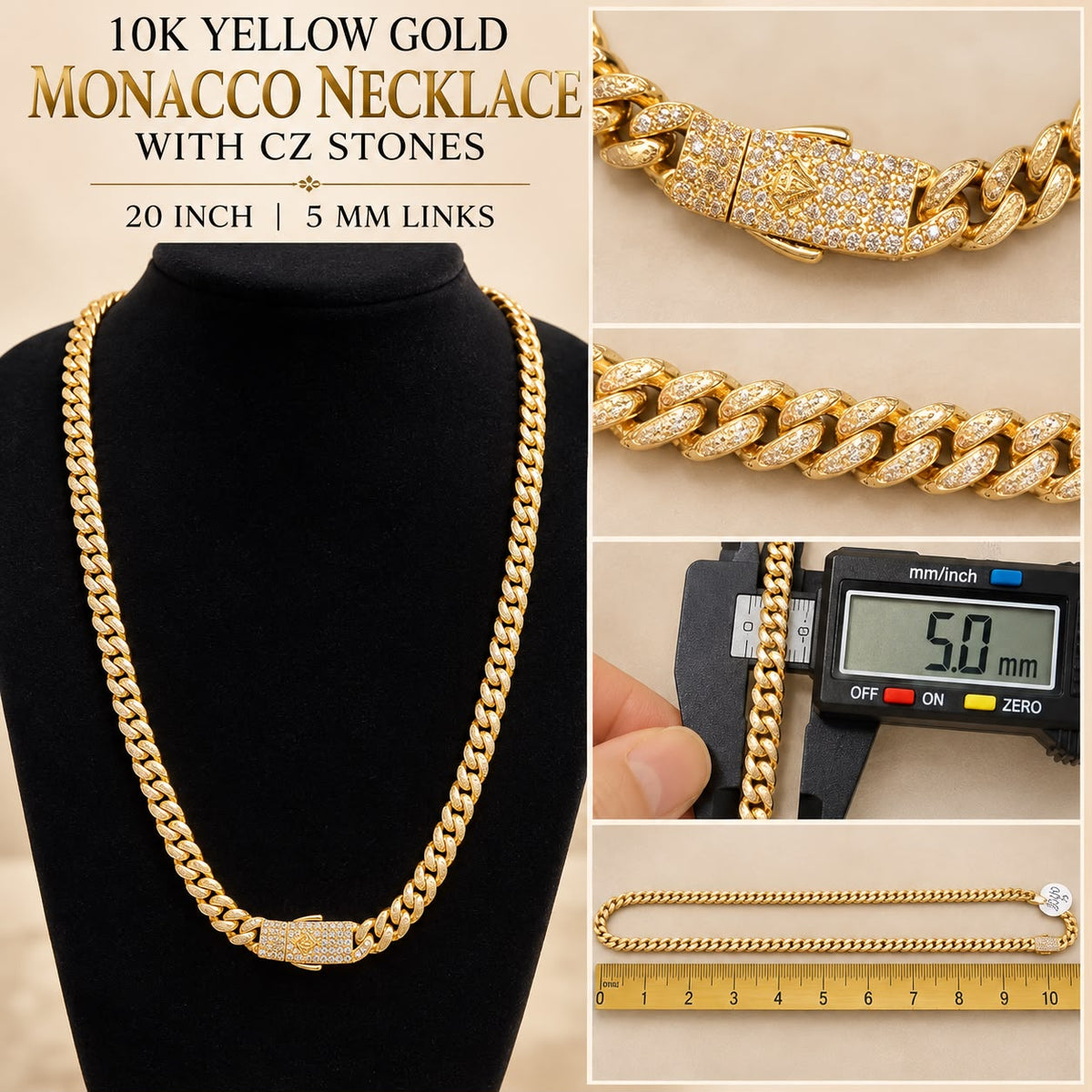 10K Yellow Gold Miami Cuban Link Chain Necklace CZ Stone Clasp 15.5 Grams