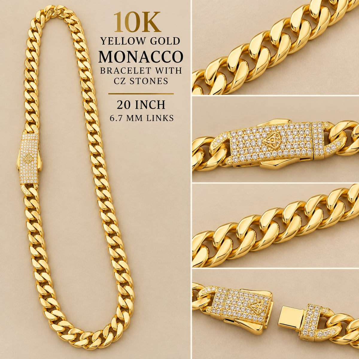 10K Yellow Gold Monaco Cuban Link Chain Necklace 20” 6.7mm CZ Clasp 16.4g