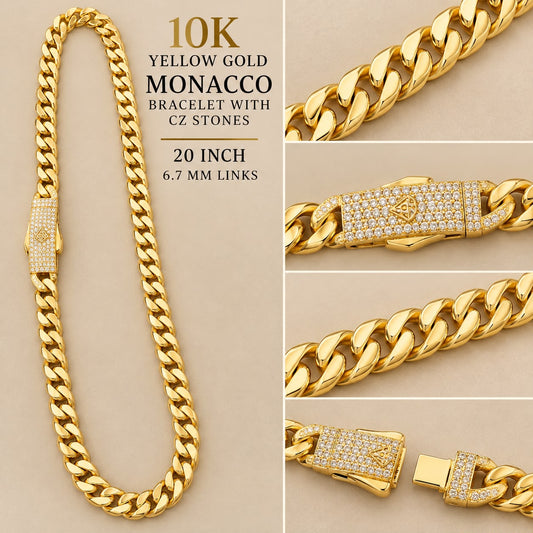 10K Yellow Gold Monaco Cuban Link Chain Necklace 20” 6.7mm CZ Clasp 16.4g