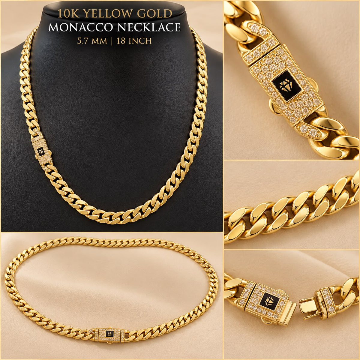 10K Yellow Gold Monaco Cuban Link Necklace 18” 5.7mm CZ Clasp 13.9 Grams