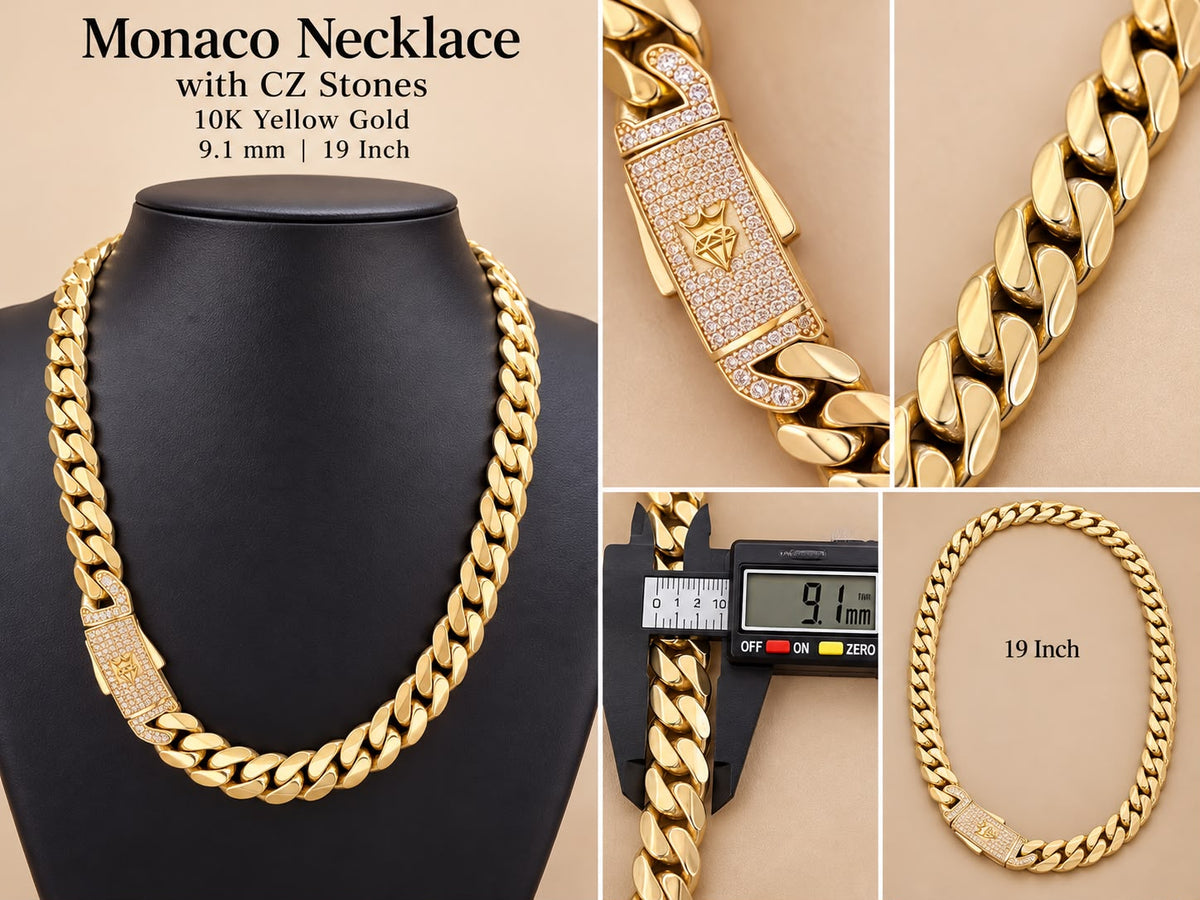 10K Yellow Gold Monaco Cuban Link Necklace 19” 9.1mm CZ Stone Clasp 26 Grams
