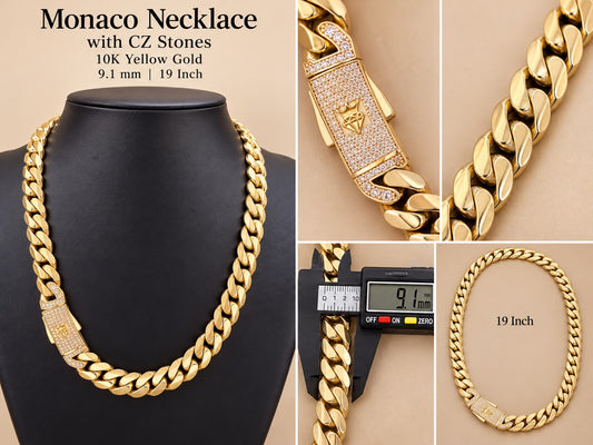 10K Yellow Gold Monaco Cuban Link Necklace 19” 9.1mm CZ Stone Clasp 26 Grams