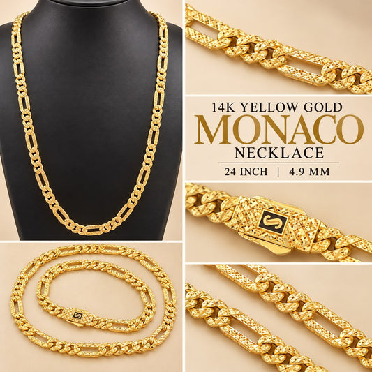 14K Yellow Gold Monaco Chain Necklace 24” 4.9mm Diamond Cut 14.5 Grams