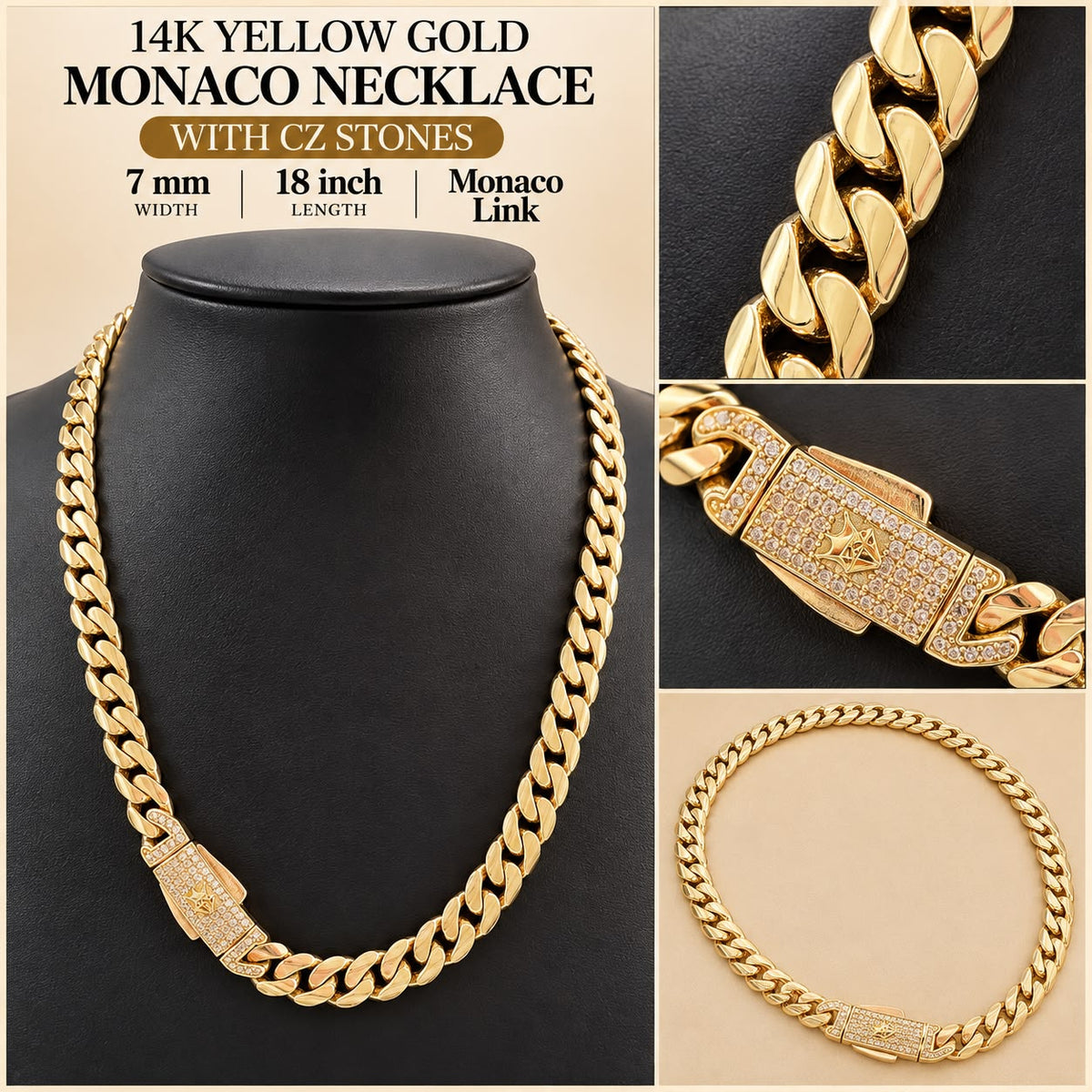 14K Yellow Gold Monaco Cuban Link Necklace 18” 7mm CZ Clasp 24.6 Grams