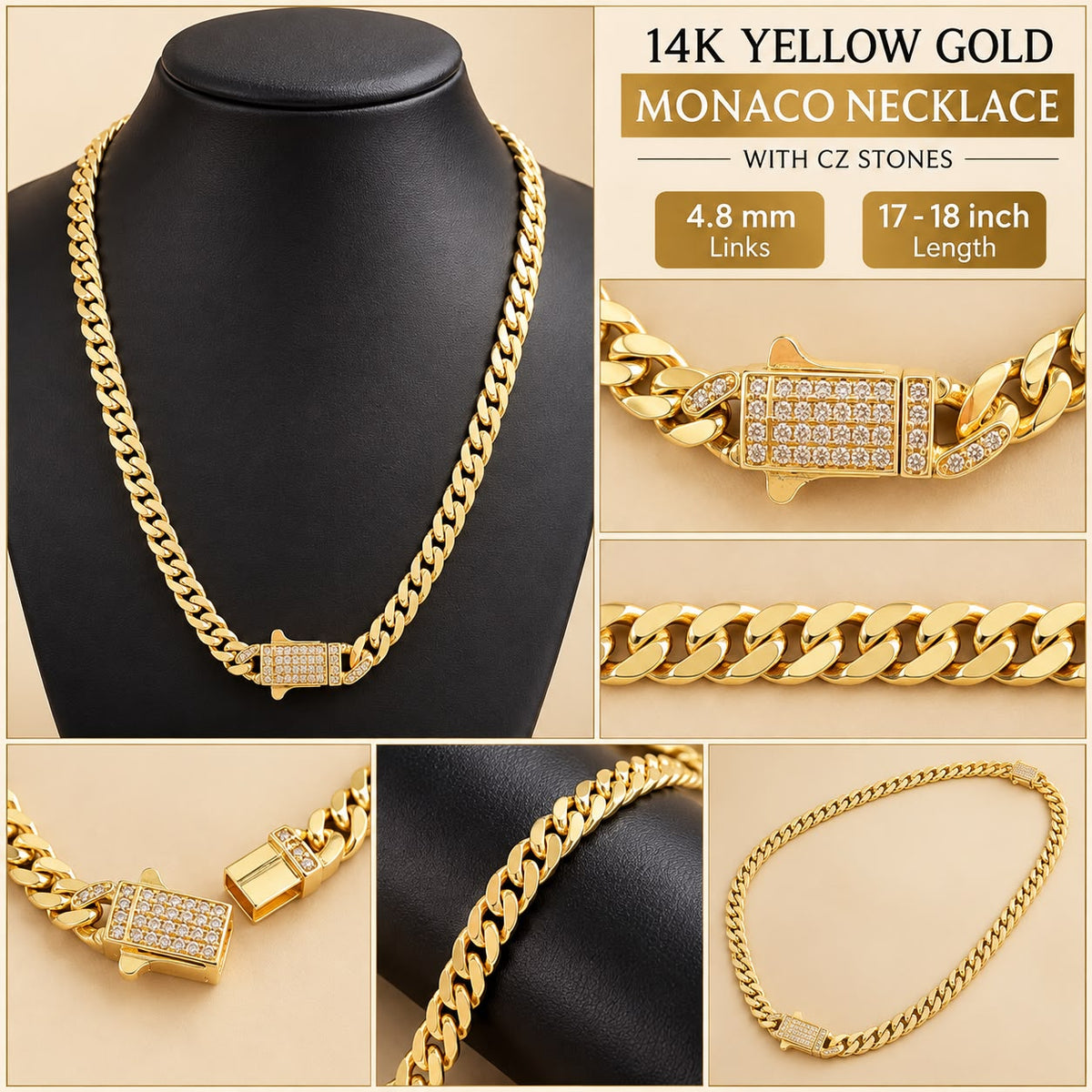 14K Yellow Gold Monaco Cuban Link Necklace CZ Clasp 4.8mm 17-18” 13.6 Grams