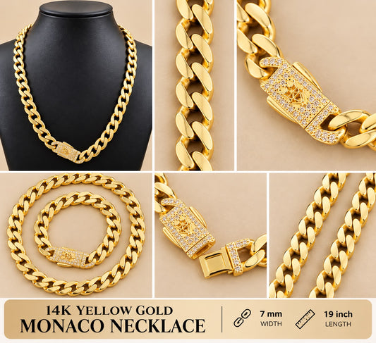 14K Yellow Gold Monaco Necklace 7mm 19 Inch Cuban Link Chain CZ Clasp 18.9g