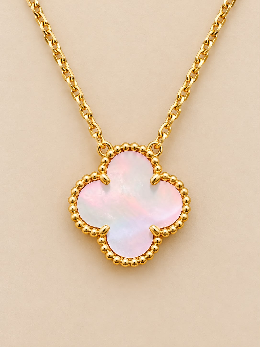 14K Yellow Gold Pink Mother of Pearl Clover Flower Necklace 20” 15mm