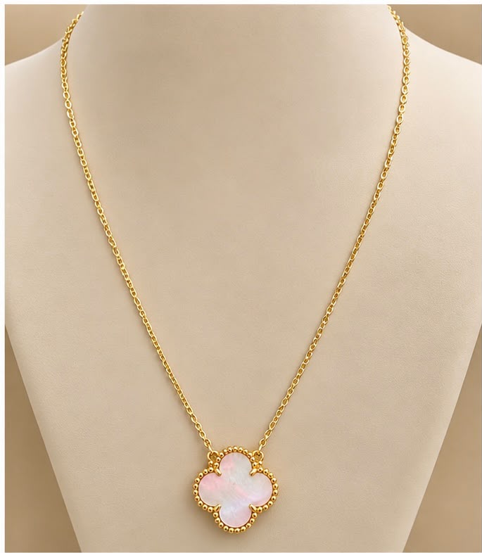 14K Yellow Gold Pink Mother of Pearl Clover Flower Necklace 20” 15mm