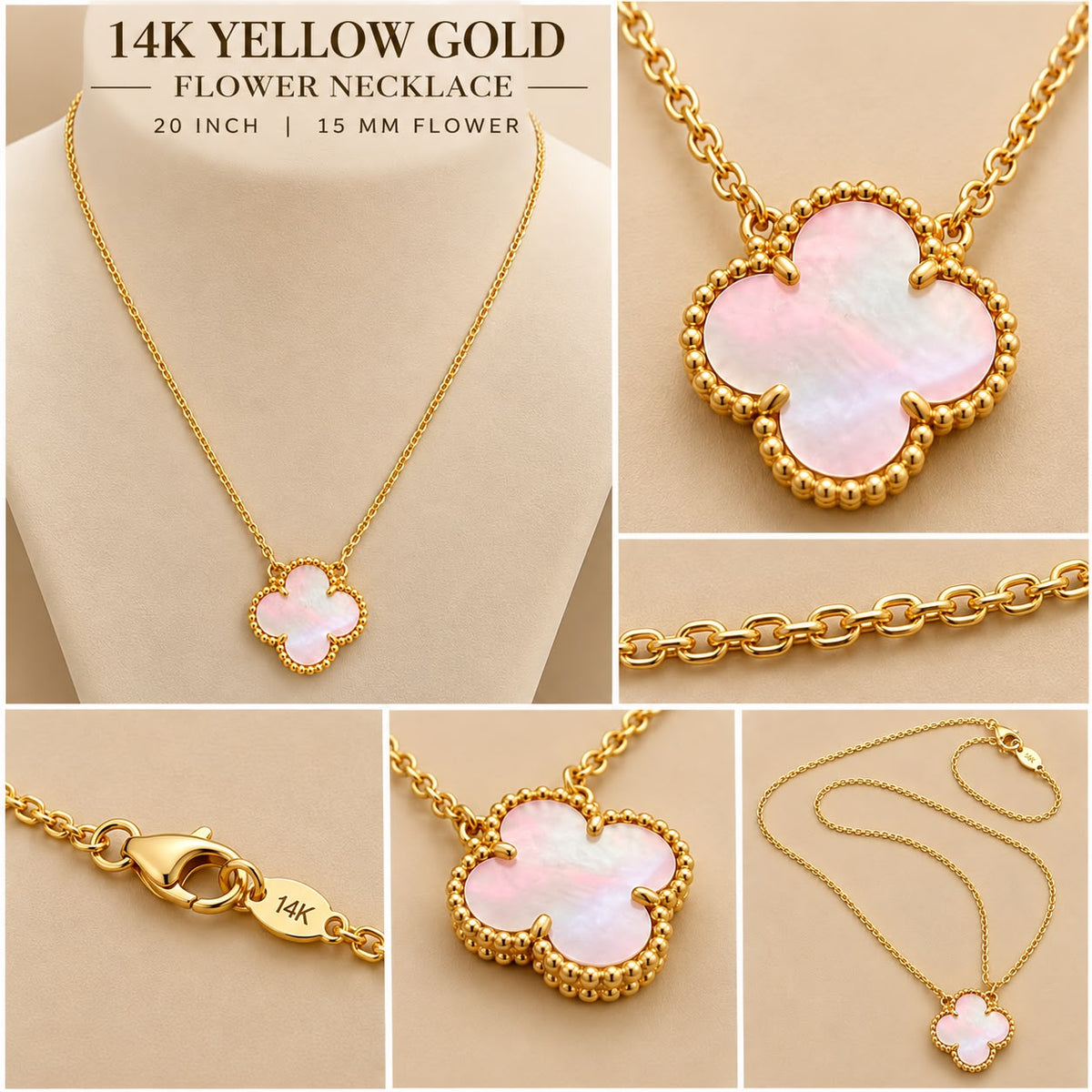 14K Yellow Gold Pink Mother of Pearl Clover Flower Necklace 20” 15mm