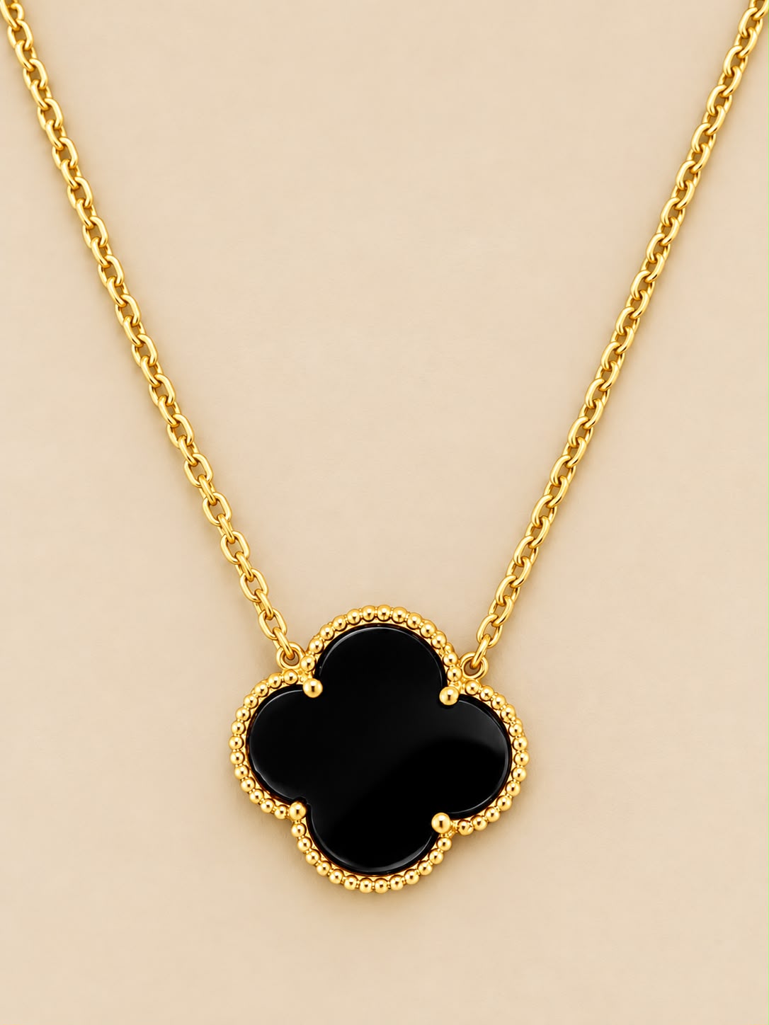 14K Yellow Gold Black Onyx Clover Flower Necklace 18” 19mm Pendant 5.6g