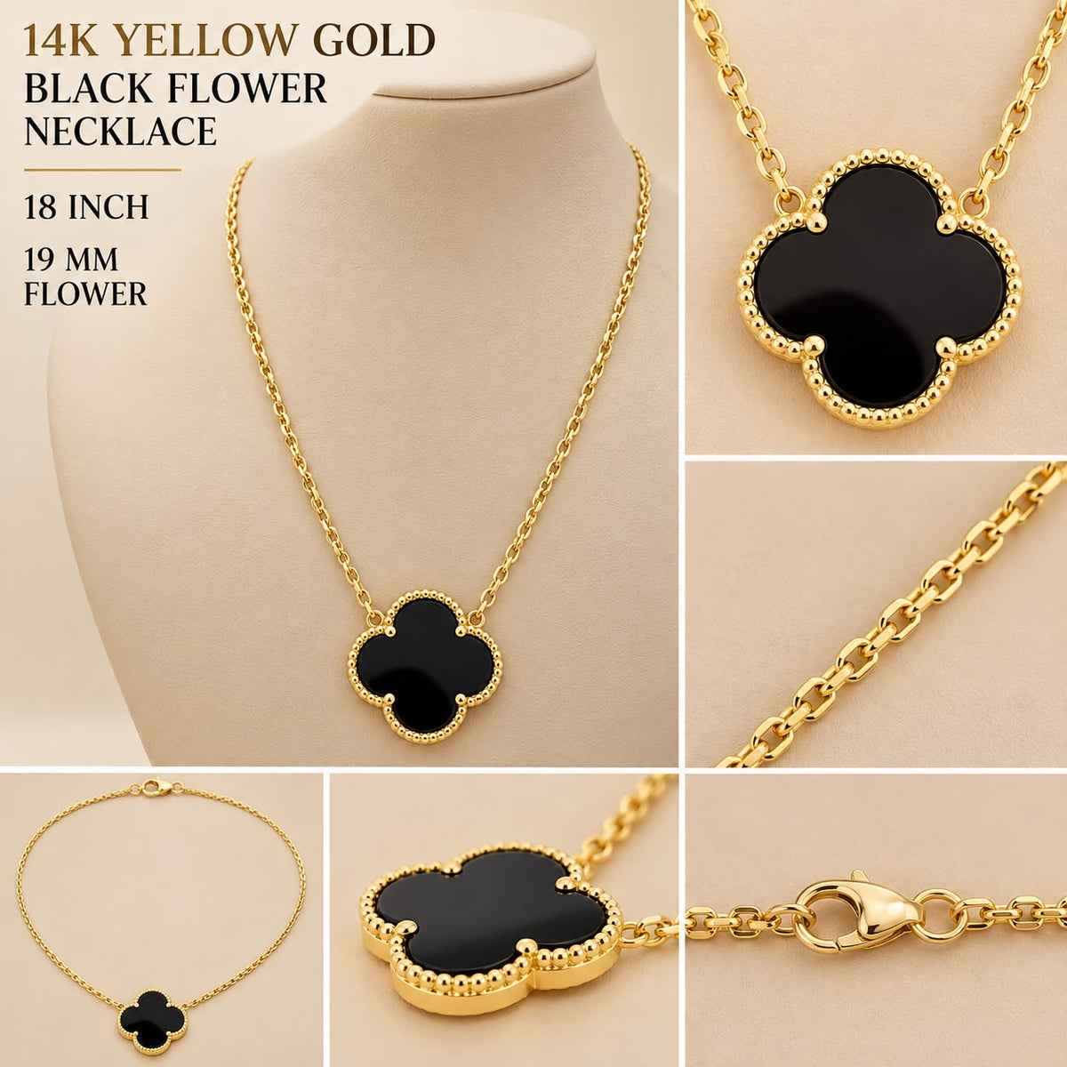 14K Yellow Gold Black Onyx Clover Flower Necklace 18” 19mm Pendant 5.6g