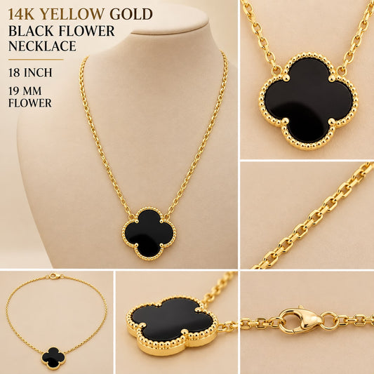 14K Yellow Gold Black Onyx Clover Flower Necklace 18” 19mm Pendant 5.6g