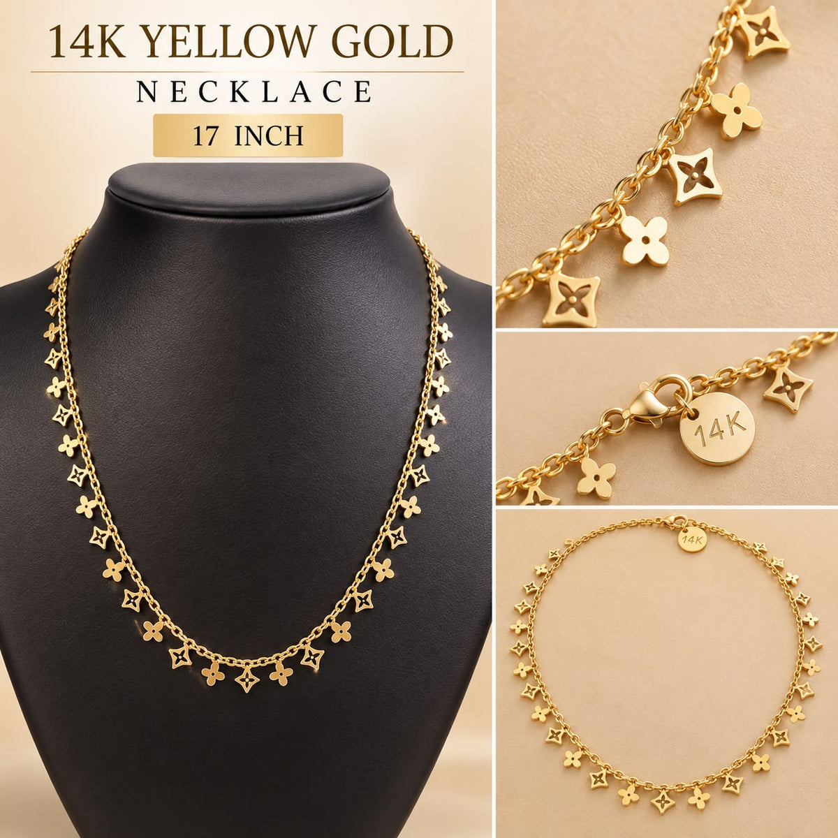 14K Yellow Gold Clover Flower Charm Necklace 17” Dangle Chain 5.6 Grams
