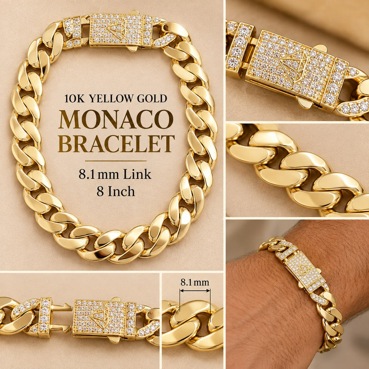 10K Yellow Gold Monaco Miami Cuban Link Bracelet 8” 8.1mm CZ Clasp 9.1 Grams