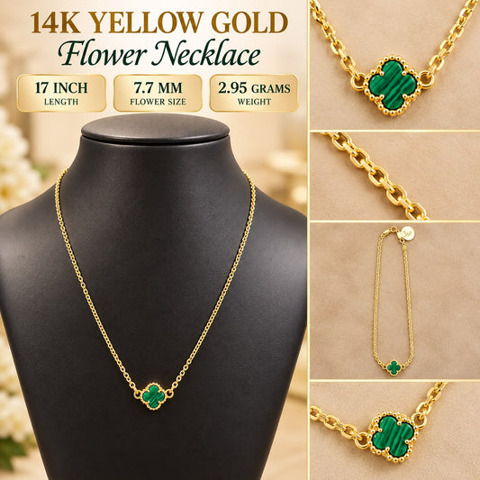 14K Yellow Gold Green Clover Flower Necklace 17” 7.7mm Pendant 2.9 Grams