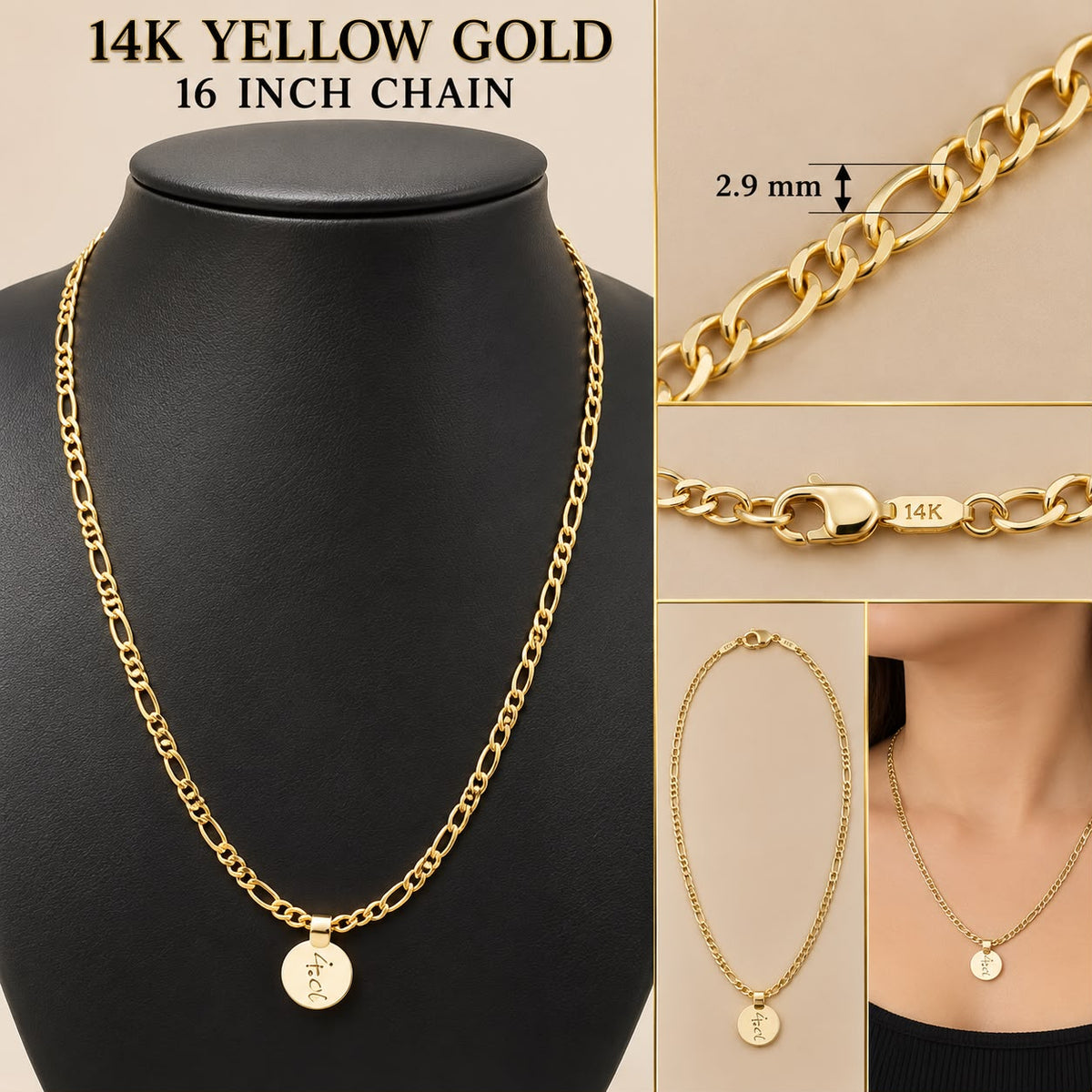 14K Yellow Gold Figaro Chain Necklace 16” 2.9mm with Round Charm 3.82 Grams