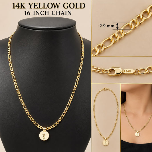 14K Yellow Gold Figaro Chain Necklace 16” 2.9mm with Round Charm 3.82 Grams