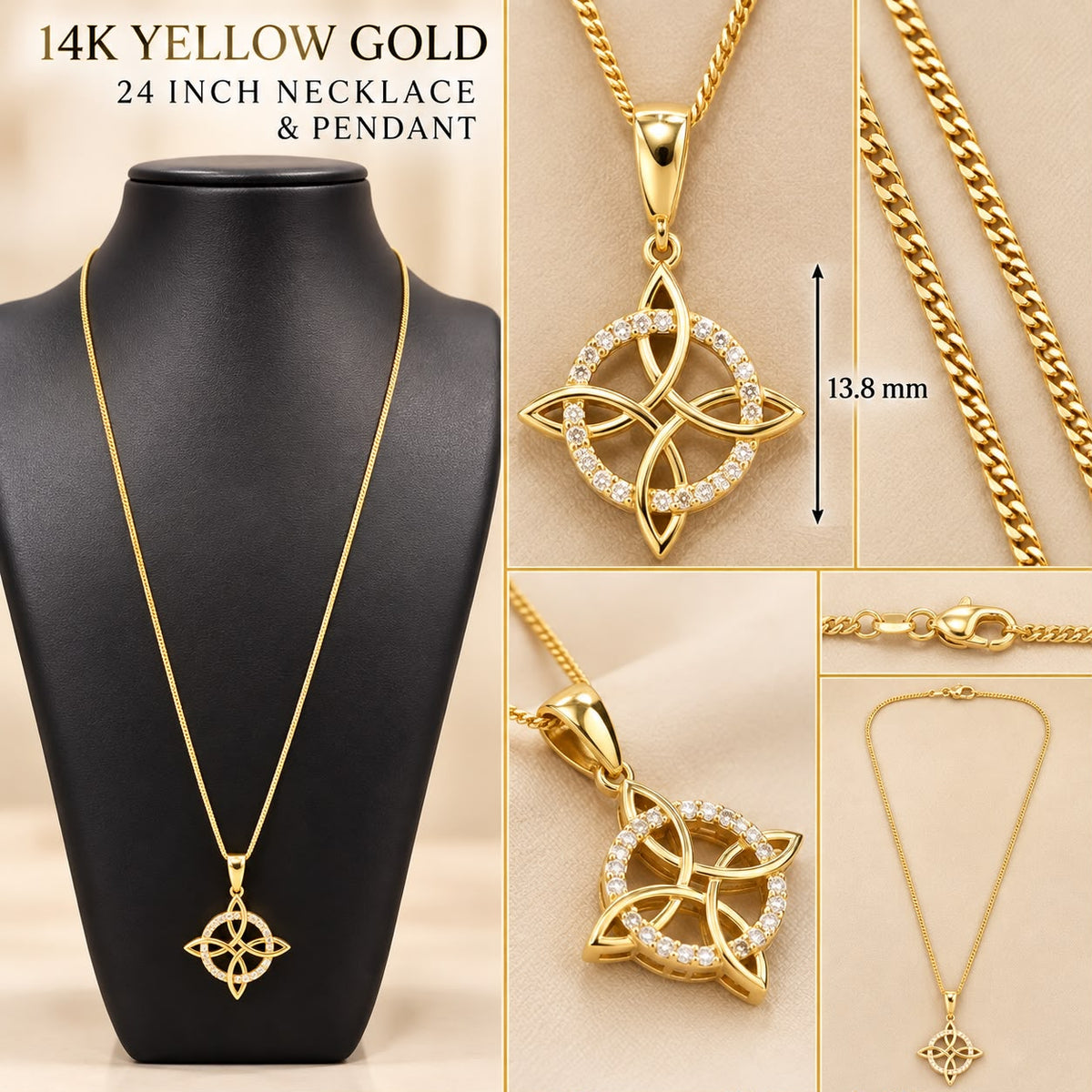14K Yellow Gold 24” Necklace Chain with CZ Celtic Knot Pendant 13.8mm 3.13 Grams