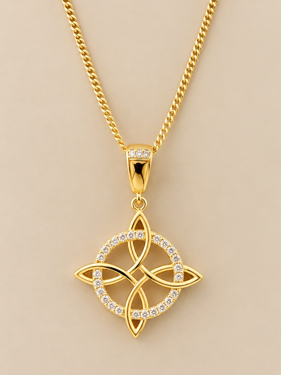14K Yellow Gold 24” Necklace Chain with CZ Celtic Knot Pendant 13.8mm 3.13 Grams