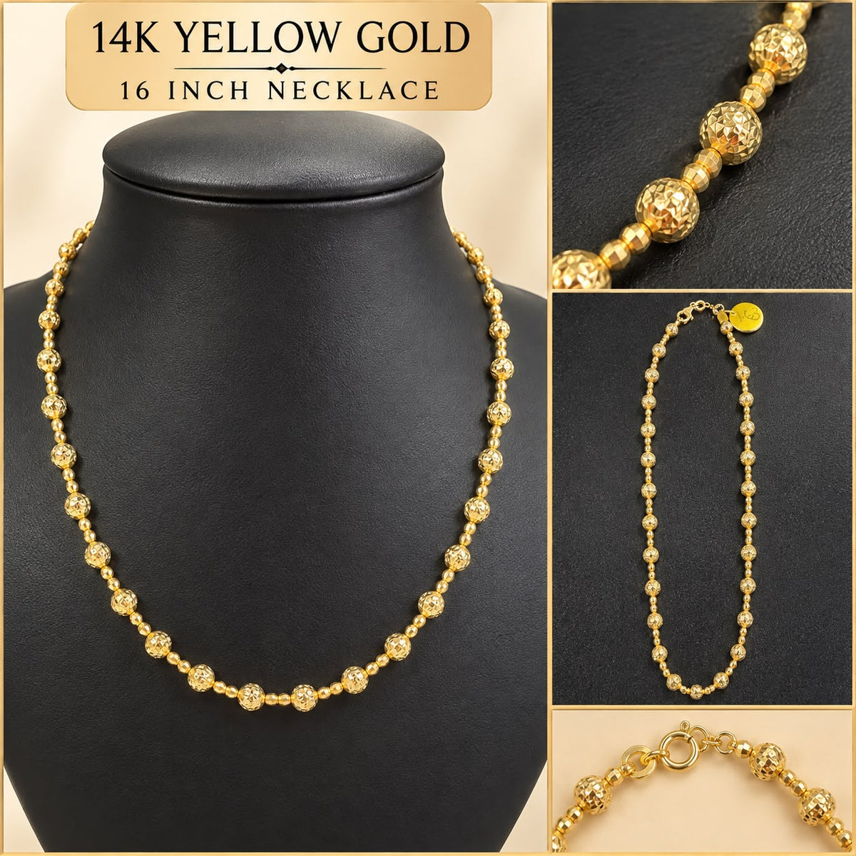 14K Yellow Gold Diamond Cut Beaded Ball Necklace 16” Women’s 7.8 Grams