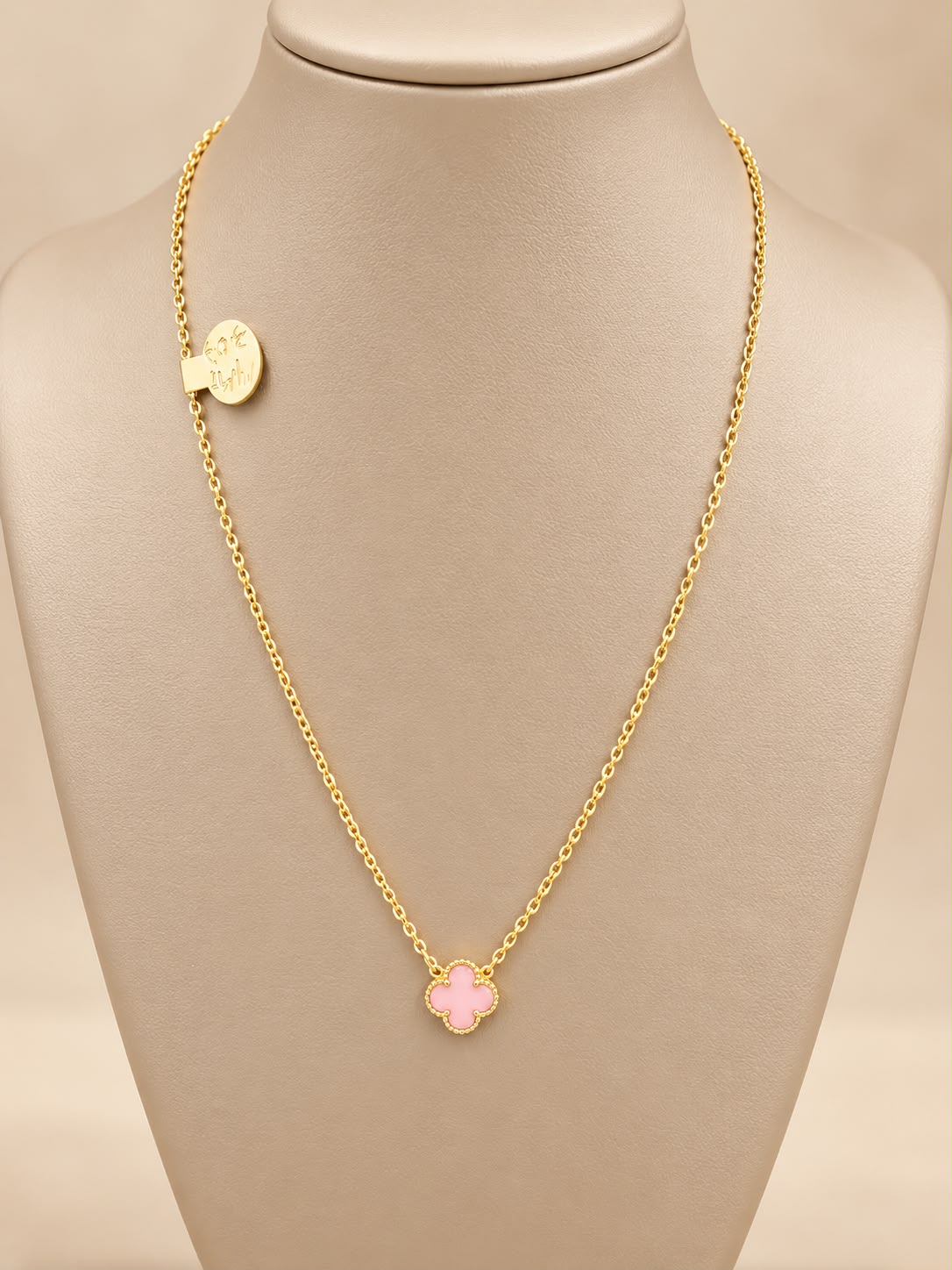 14K Yellow Gold Pink Clover Flower Necklace 9mm Charm 3.10 Grams